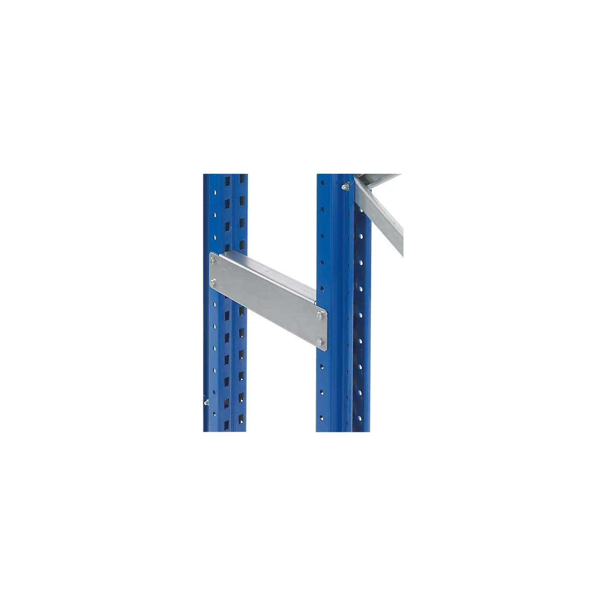Close-up of a blue shelving system with a silver crossbeam. The construction is fastened with screws.