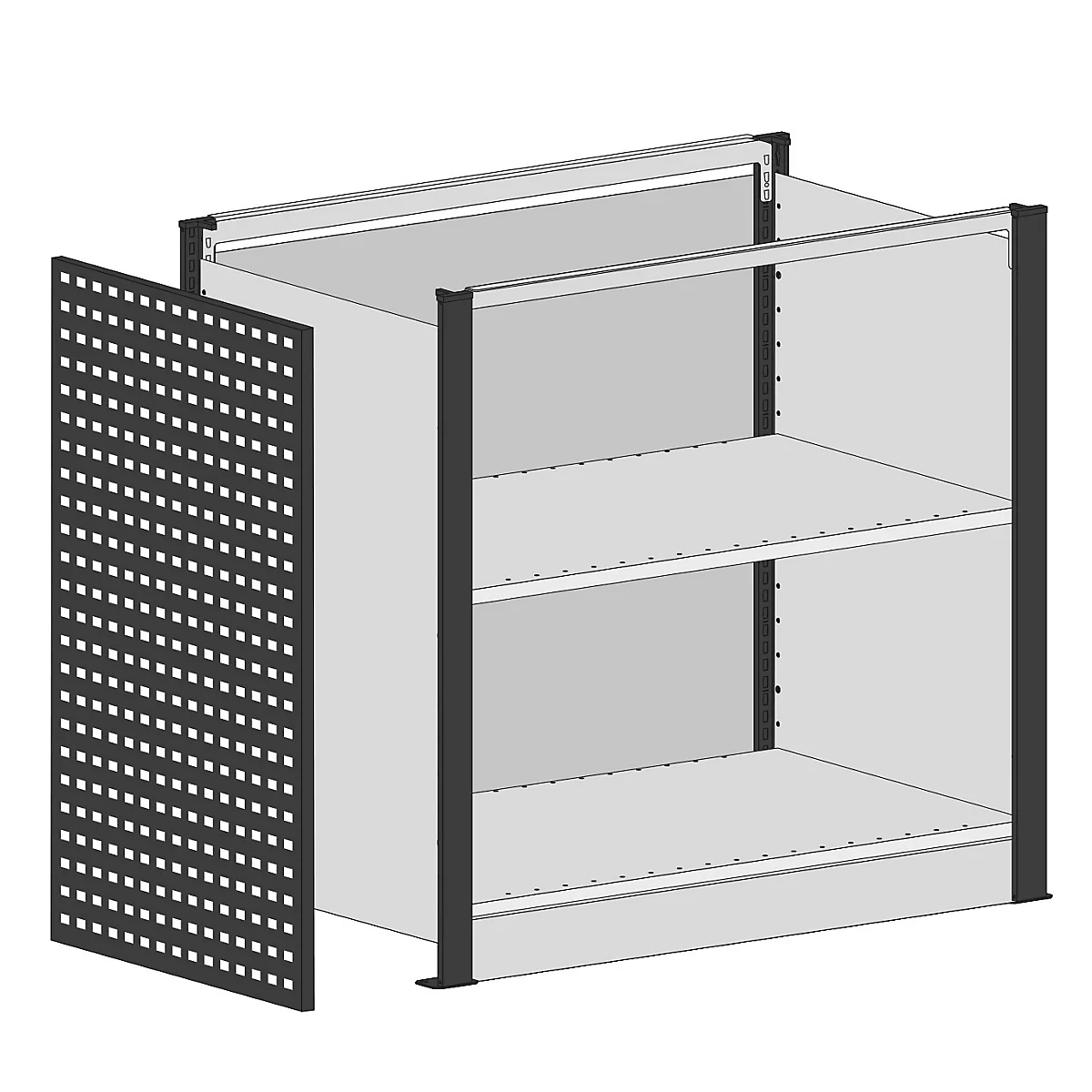 Een grijze plank met twee niveaus, een zwart frame en een geperforeerd zijpaneel.
