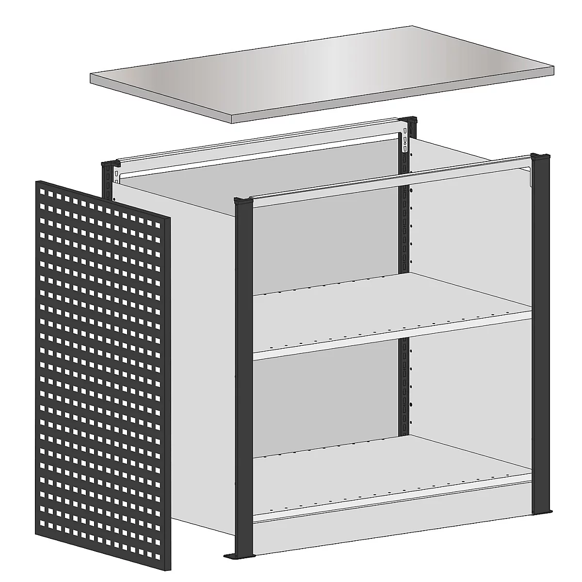 Een grijze plank, gedemonteerd weergegeven. Bovenop een grijze plaat, daaronder de plank met twee planken. Links een geperforeerde metalen deur.