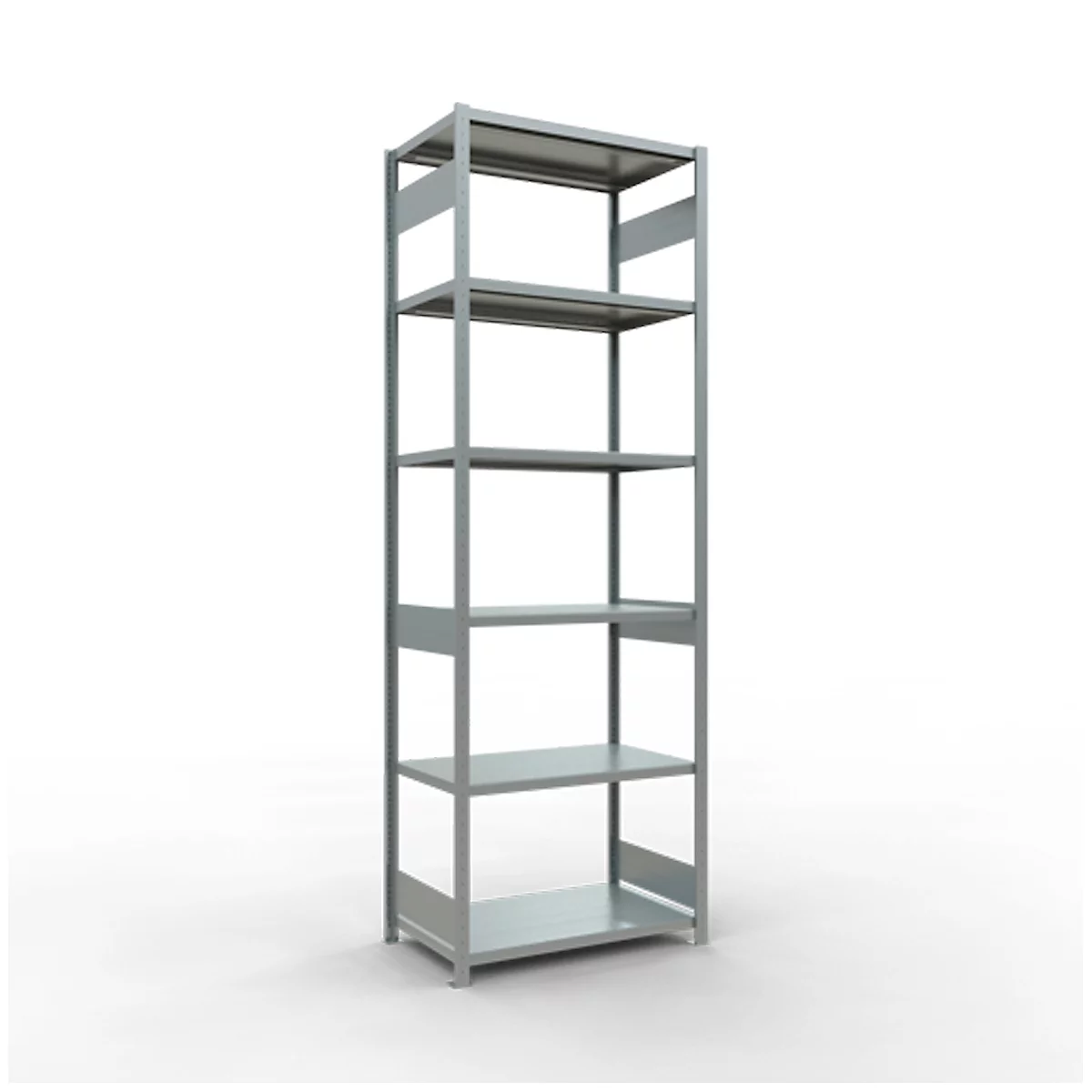 Graues Metallregal mit fünf Ebenen, auf weißem Hintergrund.