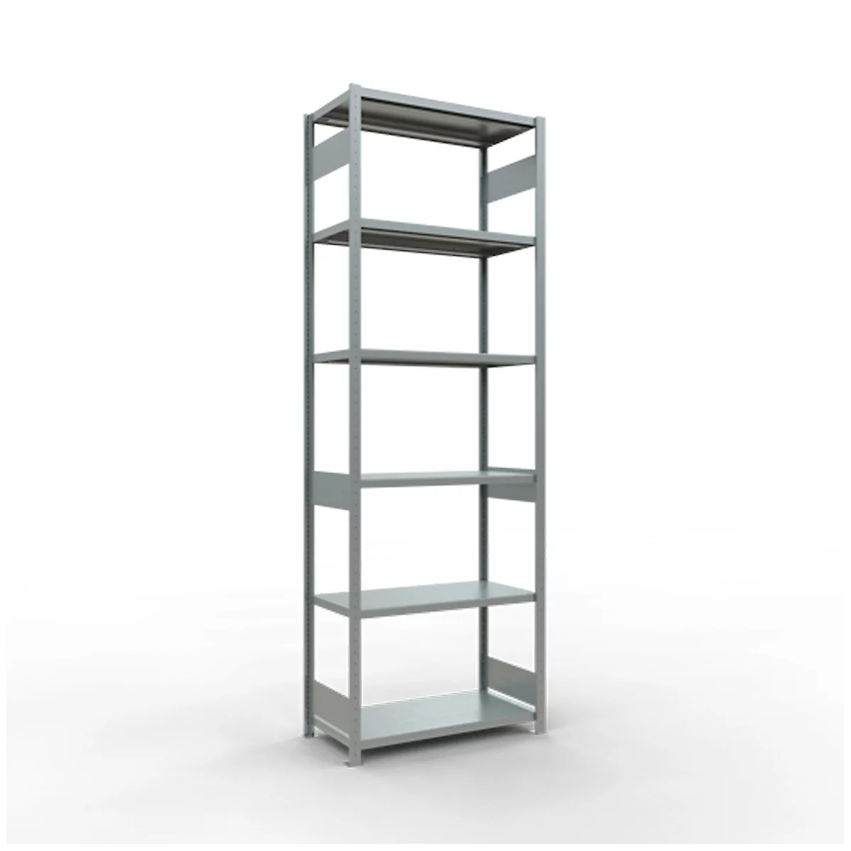 Graues Metallregal mit fünf Ebenen, vor weißem Hintergrund.