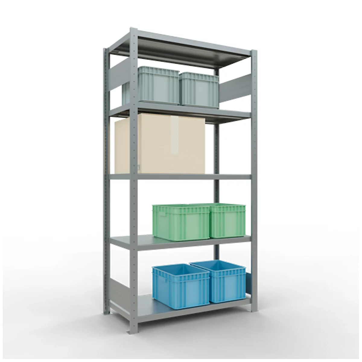 Ein Metallregal mit grauen Boxen, einer braunen Box und blauen und grünen Boxen. Vor weißem Hintergrund.