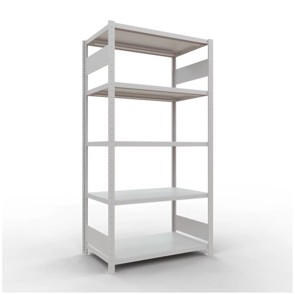 Hellgraues Metallregal mit fünf Ebenen vor weißem Hintergrund.