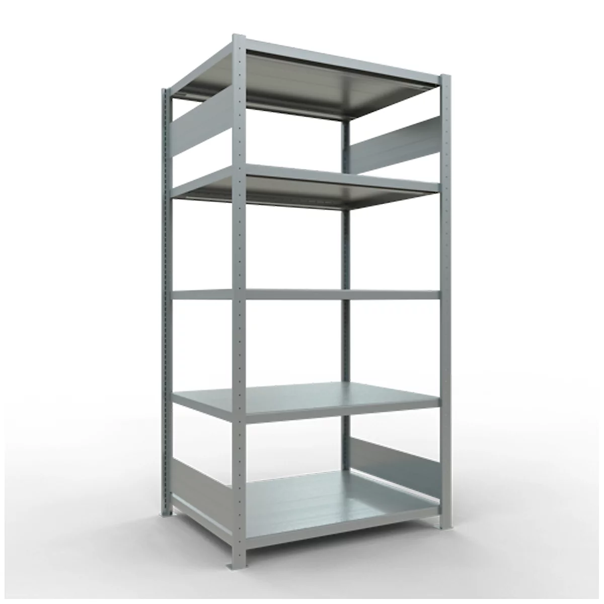 Graues Metallregal mit fünf Regalböden vor weißem Hintergrund.