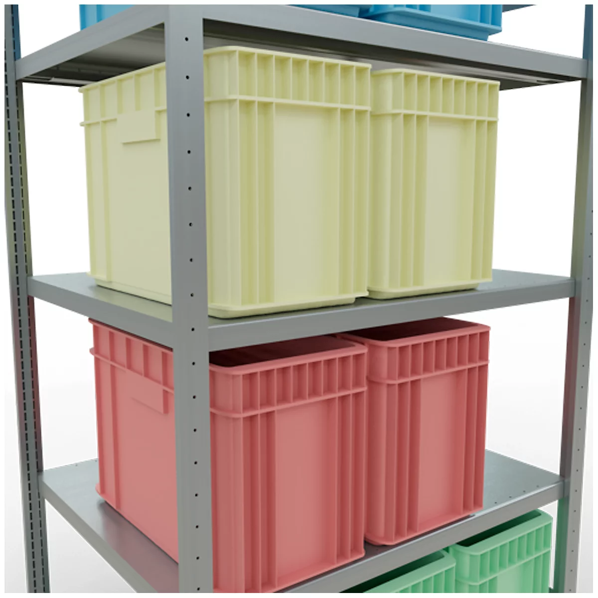 Ein Regal mit grünen, gelben und roten Lagerboxen. Die Boxen stehen auf verschiedenen Ebenen des grauen Metallregals.