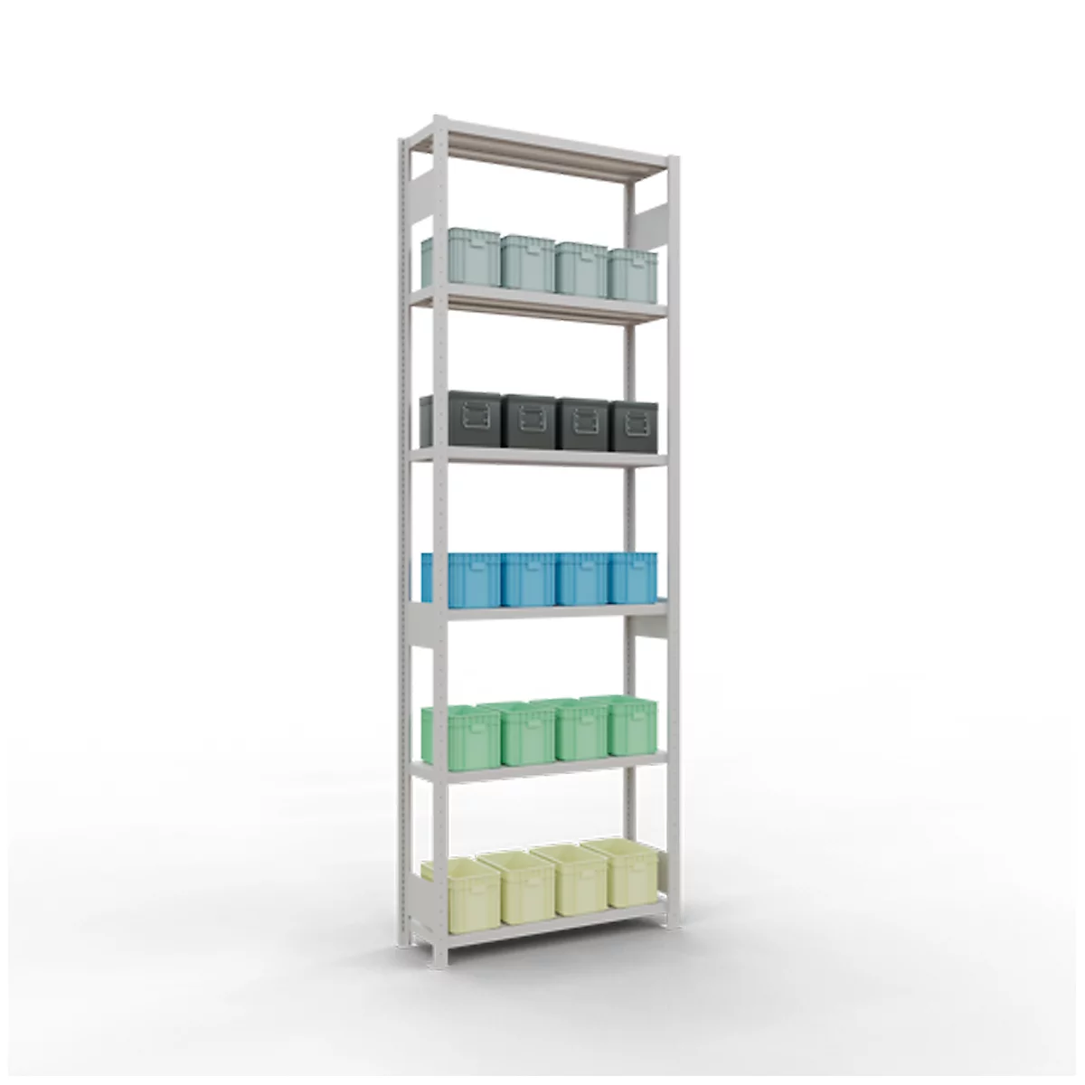 Regal mit farbigen Boxen auf weißen Hintergrund. Oben hellblaue, dann schwarze, blaue, grüne und gelbe Boxen.