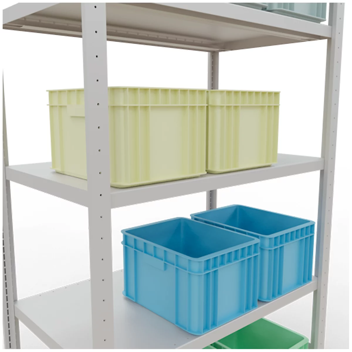 Ein metallenes Regal mit gelben und blauen Kunststoffboxen, die auf verschiedenen Ebenen stehen.