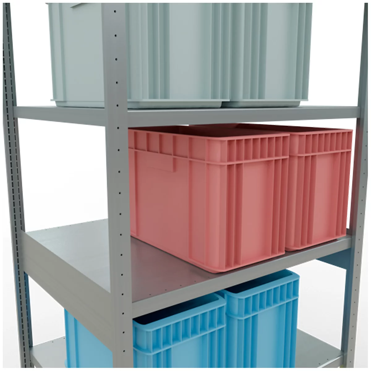 Ein graues Metallregal mit Kunststoffboxen in Blau, Rosa und Hellblau. Die Boxen sind unterschiedlich groß.