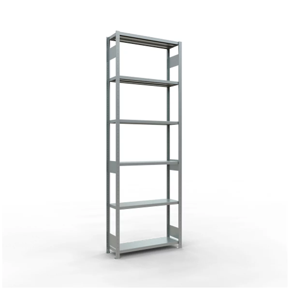 Ein silbernes Regal mit mehreren Ebenen, das auf einem weißen Hintergrund steht.