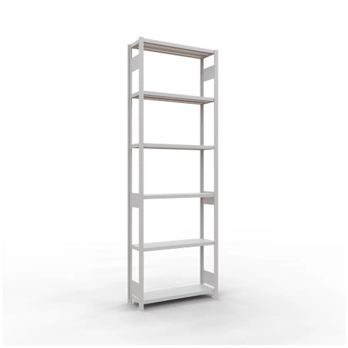 Hohes, weißes Regal mit 5 Böden. Die Konstruktion ist schlicht und modern.