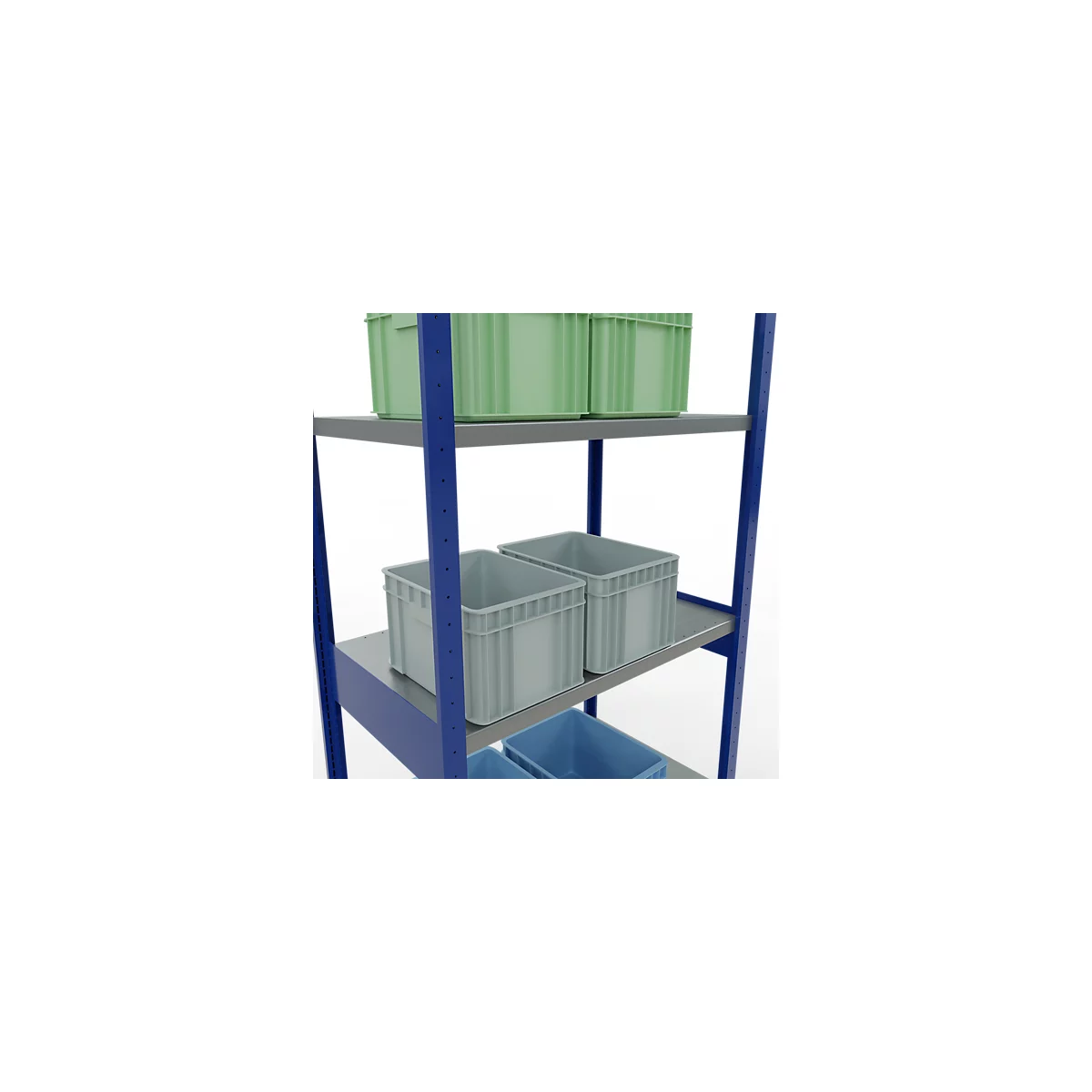 Ein Regal mit blauen Streben und grauen Fachböden. Darauf stehen grüne, graue und blaue Kunststoffboxen.