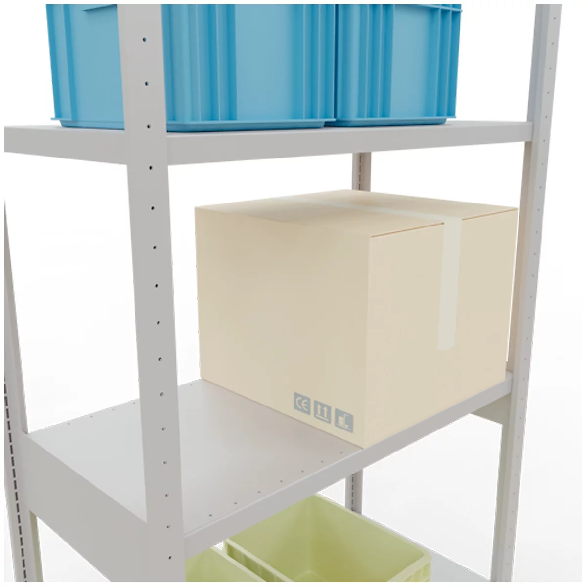 Ein Lagerregal, gefüllt mit blauen Boxen, einem Karton und grünen Boxen.