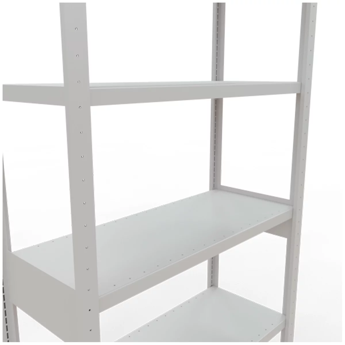 Nahaufnahme eines weißen, mehrstöckigen Regals, das gegen einen weißen Hintergrund fotografiert wurde.