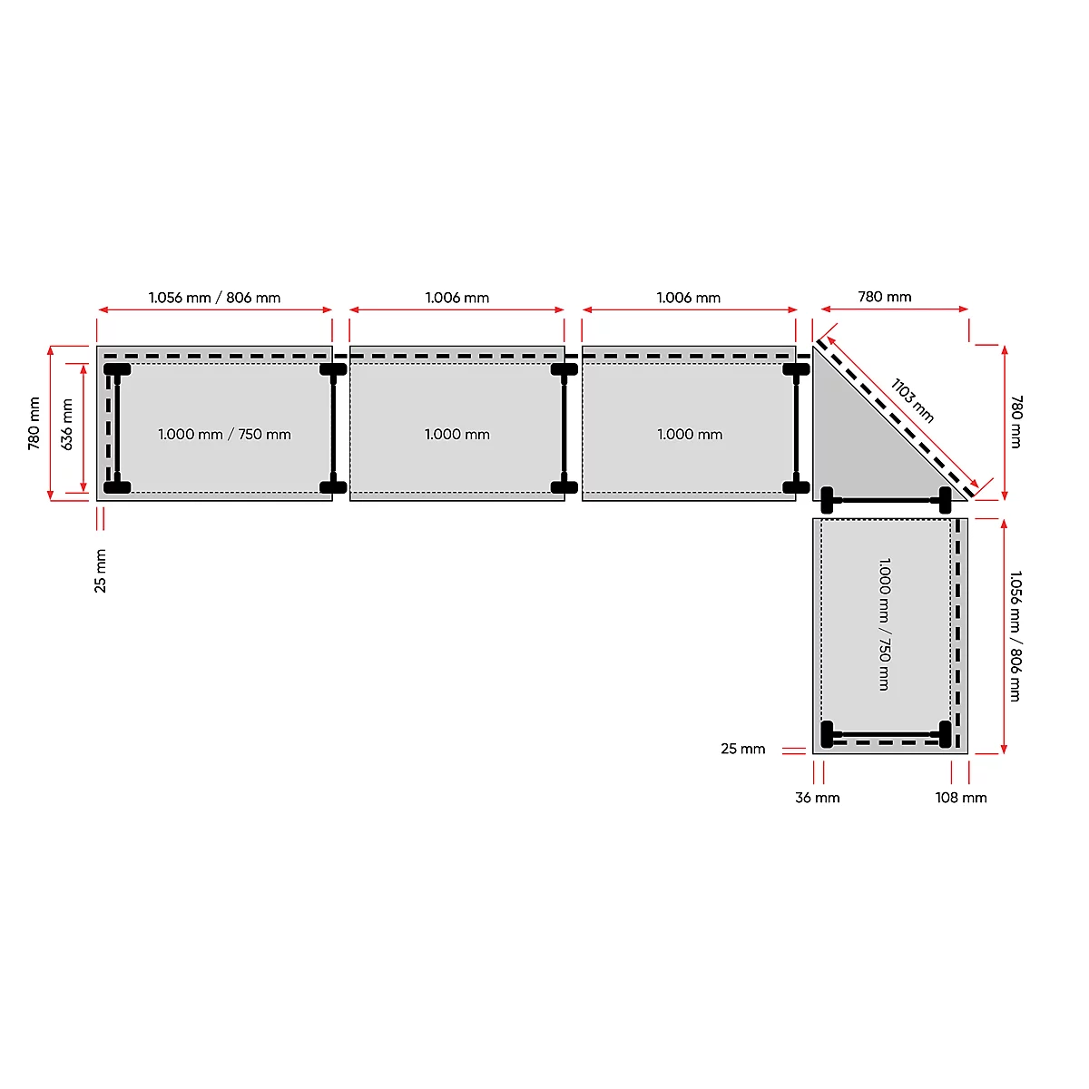 Vue de dessus d'un canapé d'angle avec dimensions en millimètres. Les dimensions extérieures et les éléments individuels du canapé sont indiqués.
