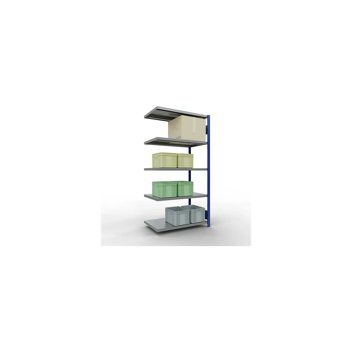 Schulte Lagertechnik Système de rayonnage à tablettes emboîtable MULTIplus 250, rayonnage annexe, verrou de longueur, 2000x1000x600 mm, 5 tablettes, bleu gentiane/galvanisé
