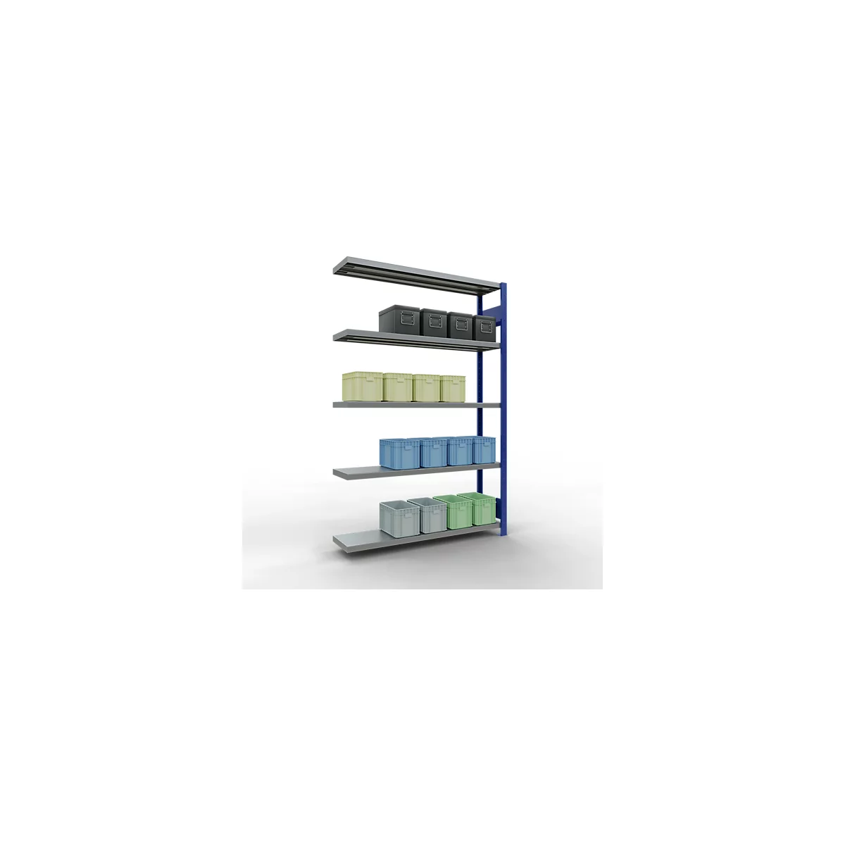Schulte Lagertechnik Système de rayonnage à tablettes emboîtable MULTIplus 250, rayonnage annexe, verrou de longueur, 2000x1300x300 mm, 5 tablettes, bleu gentiane/galvanisé