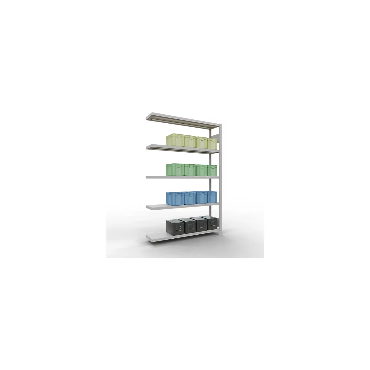 Schulte Lagertechnik Système de rayonnage à tablettes emboîtable MULTIplus 250, rayonnage annexe, verrou de longueur, 2000x1300x300 mm, 5 tablettes, gris clair