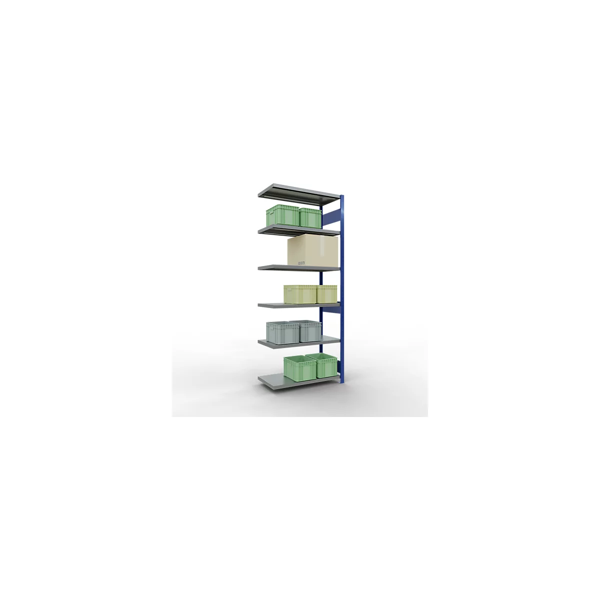 Schulte Lagertechnik Système de rayonnage à tablettes emboîtable MULTIplus 250, rayonnage annexe, verrou de longueur, 2500x1000x500 mm, 6 tablettes, bleu gentiane/galvanisé