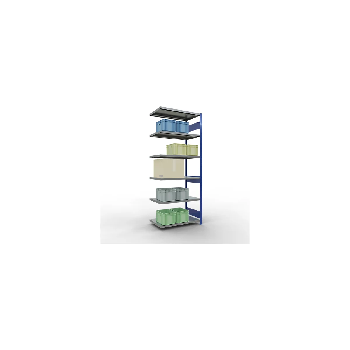 Schulte Lagertechnik Système de rayonnage à tablettes emboîtable MULTIplus 250, rayonnage annexe, verrou de longueur, 2500x1000x600 mm, 6 tablettes, bleu gentiane/galvanisé