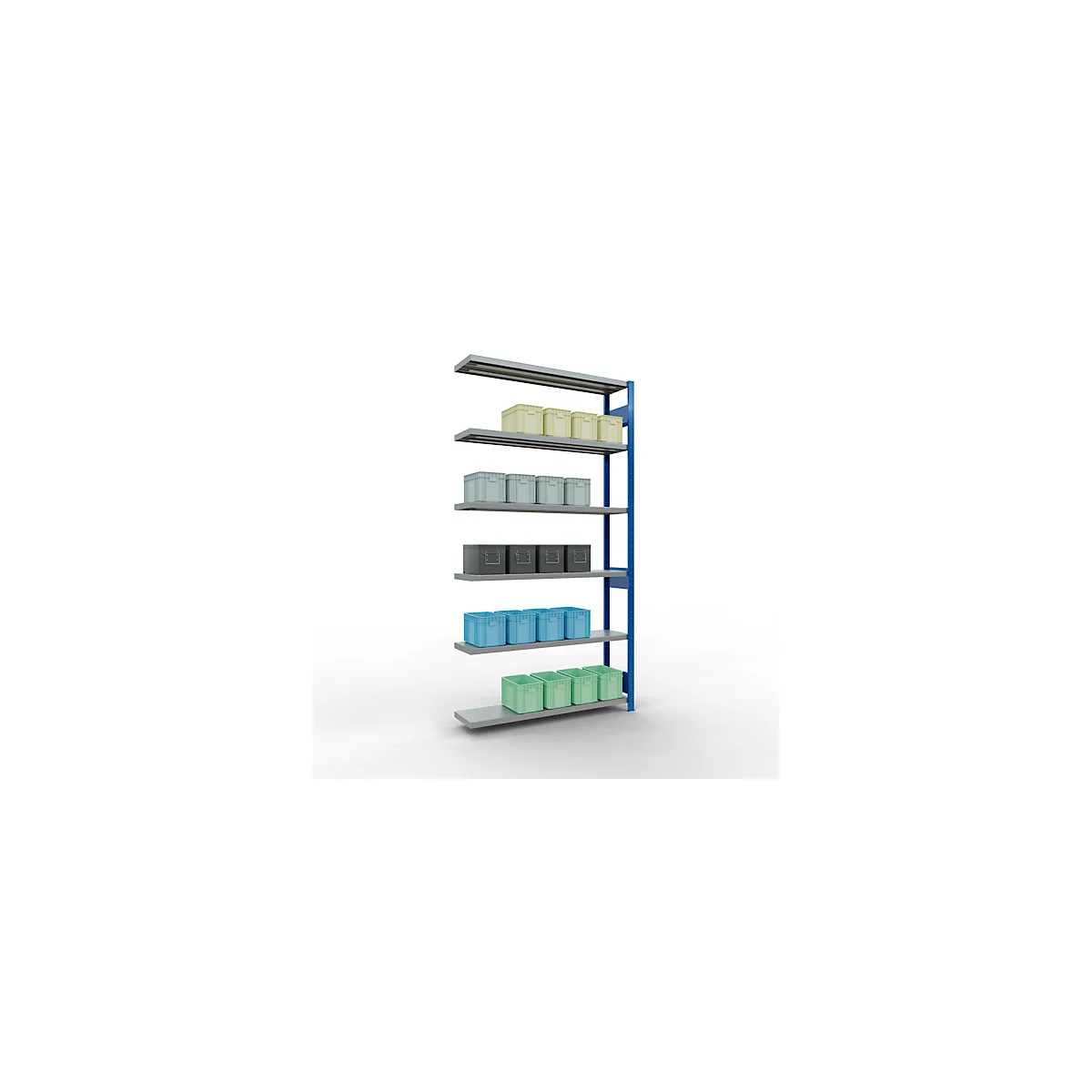 Schulte Lagertechnik Système de rayonnage à tablettes emboîtable MULTIplus 250, rayonnage annexe, verrou de longueur, 2500x1300x300 mm, 6 tablettes, bleu gentiane/galvanisé