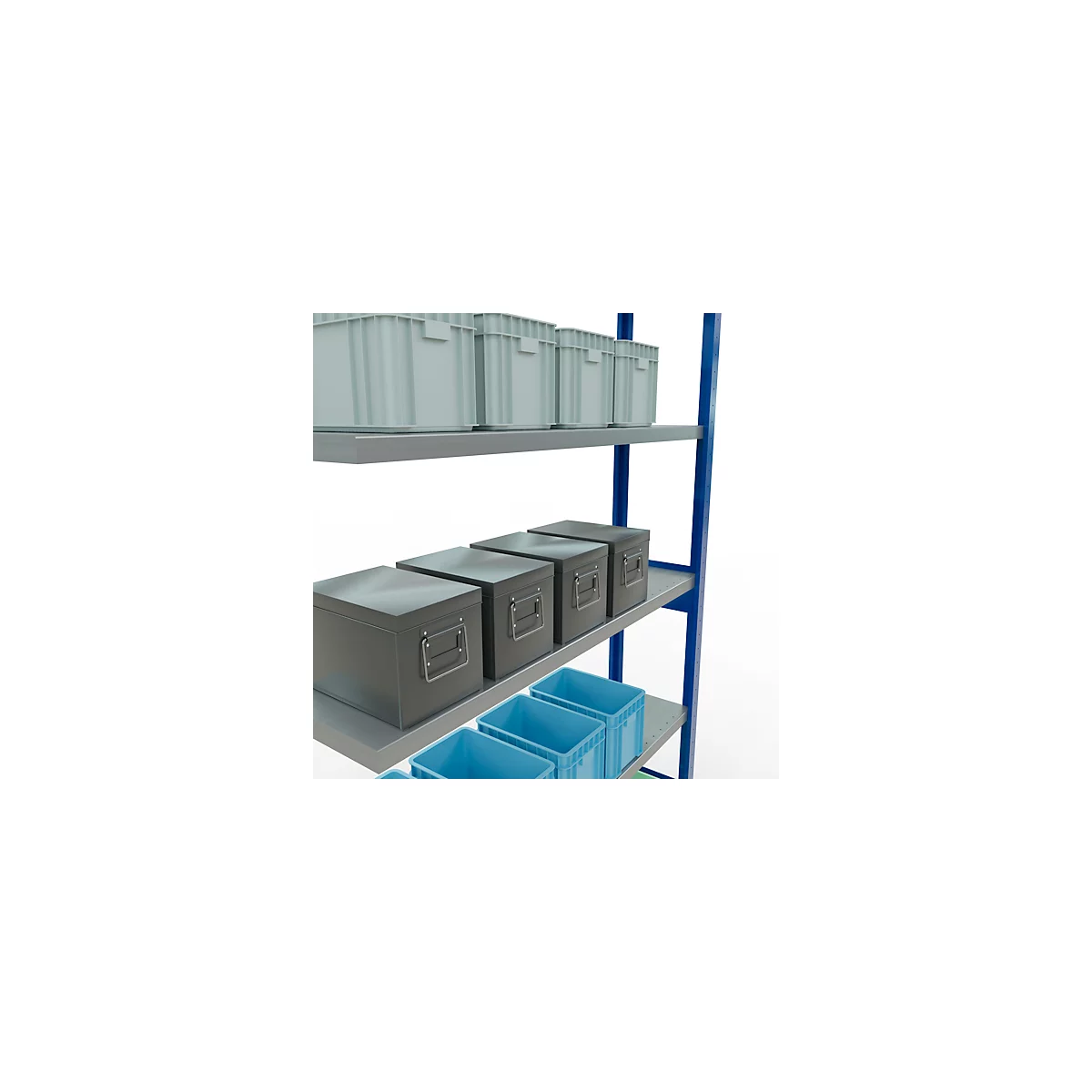 Schulte Lagertechnik Système de rayonnage à tablettes emboîtable MULTIplus 250, rayonnage annexe, verrou de longueur, 2500x1300x300 mm, 6 tablettes, bleu gentiane/galvanisé