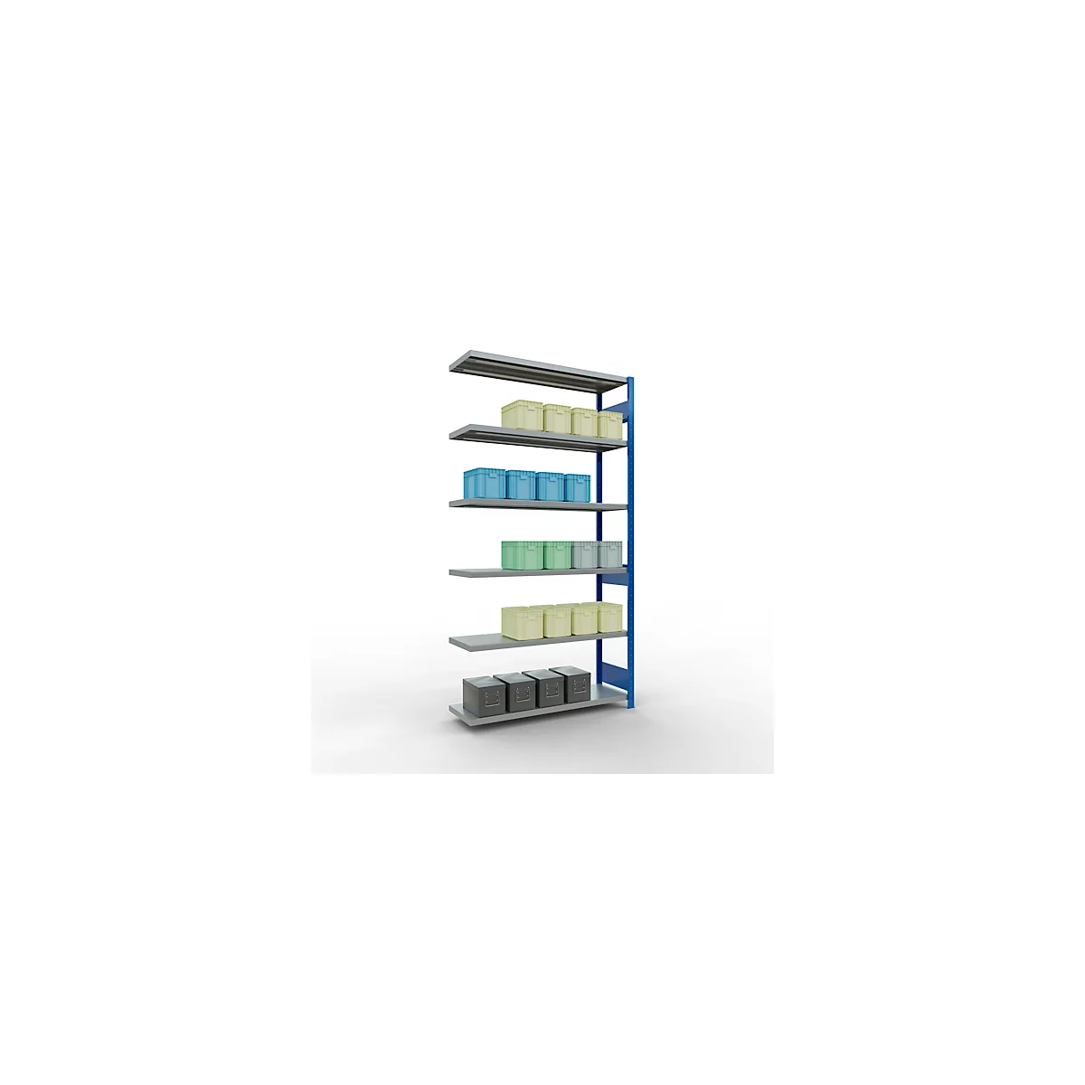 Schulte Lagertechnik Système de rayonnage à tablettes emboîtable MULTIplus 250, rayonnage annexe, verrou de longueur, 2500x1300x400 mm, 6 tablettes, gris clair