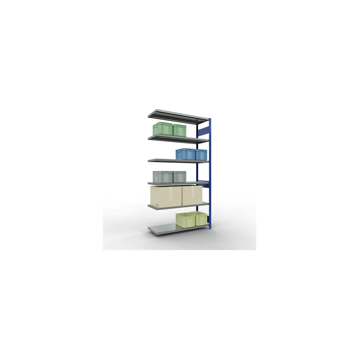 Schulte Lagertechnik Système de rayonnage à tablettes emboîtable MULTIplus 250, rayonnage annexe, verrou de longueur, 2500x1300x500 mm, 6 tablettes, bleu gentiane/galvanisé