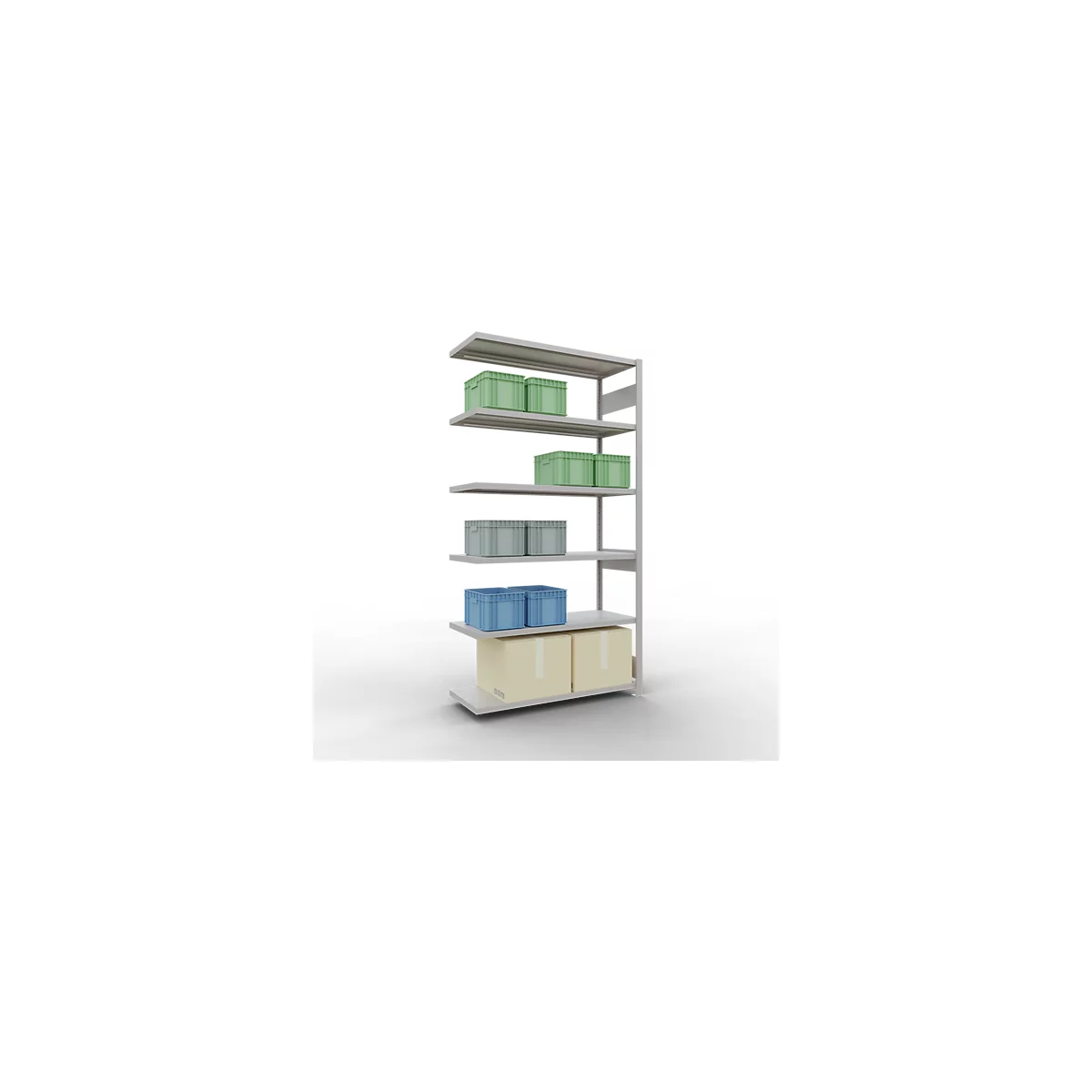 Schulte Lagertechnik Système de rayonnage à tablettes emboîtable MULTIplus 250, rayonnage annexe, verrou de longueur, 2500x1300x500 mm, 6 tablettes, gris clair