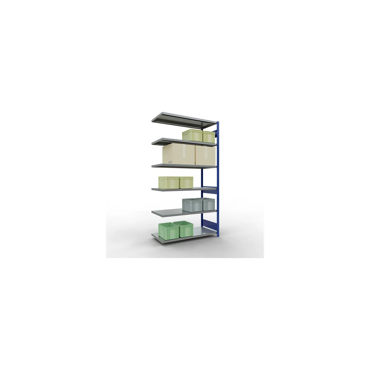 Schulte Lagertechnik Système de rayonnage à tablettes emboîtable MULTIplus 250, rayonnage annexe, verrou de longueur, 2500x1300x600 mm, 6 tablettes, bleu gentiane/galvanisé
