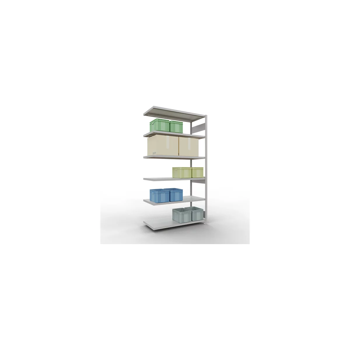 Schulte Lagertechnik Système de rayonnage à tablettes emboîtable MULTIplus 250, rayonnage annexe, verrou de longueur, 2500x1300x600 mm, 6 tablettes, gris clair