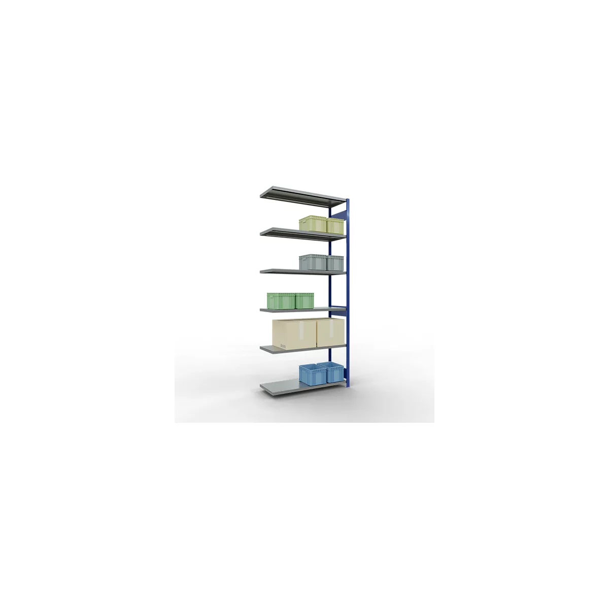 Schulte Lagertechnik Système de rayonnage à tablettes emboîtable MULTIplus 250, rayonnage annexe, verrou de longueur, 3000x1300x500 mm, 7 tablettes, bleu gentiane/galvanisé
