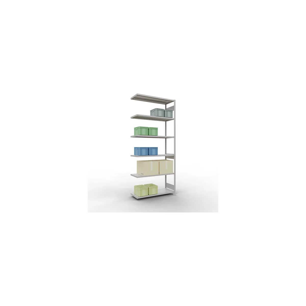 Schulte Lagertechnik Système de rayonnage à tablettes emboîtable MULTIplus 250, rayonnage annexe, verrou de longueur, 3000x1300x500 mm, 7 tablettes, gris clair