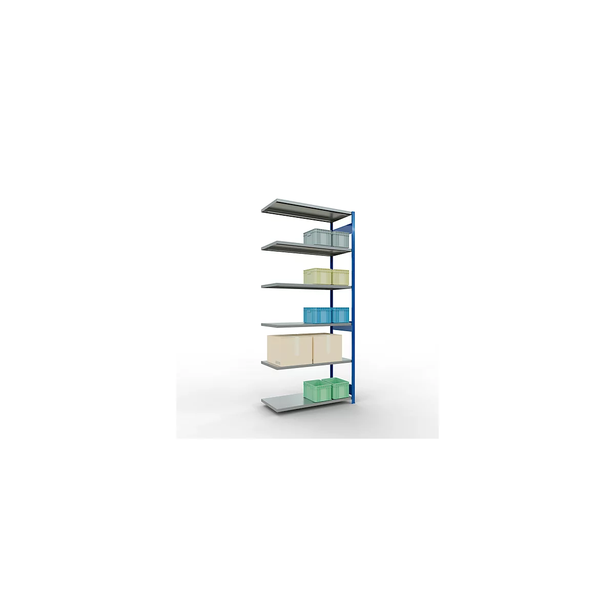 Schulte Lagertechnik Système de rayonnage à tablettes emboîtable MULTIplus 250, rayonnage annexe, verrou de longueur, 3000x1300x600 mm, 7 tablettes, bleu gentiane/galvanisé