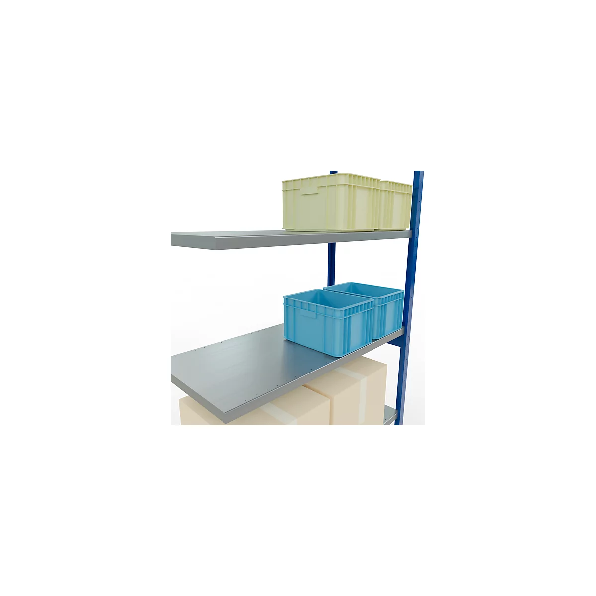 Schulte Lagertechnik Système de rayonnage à tablettes emboîtable MULTIplus 250, rayonnage annexe, verrou de longueur, 3000x1300x600 mm, 7 tablettes, bleu gentiane/galvanisé