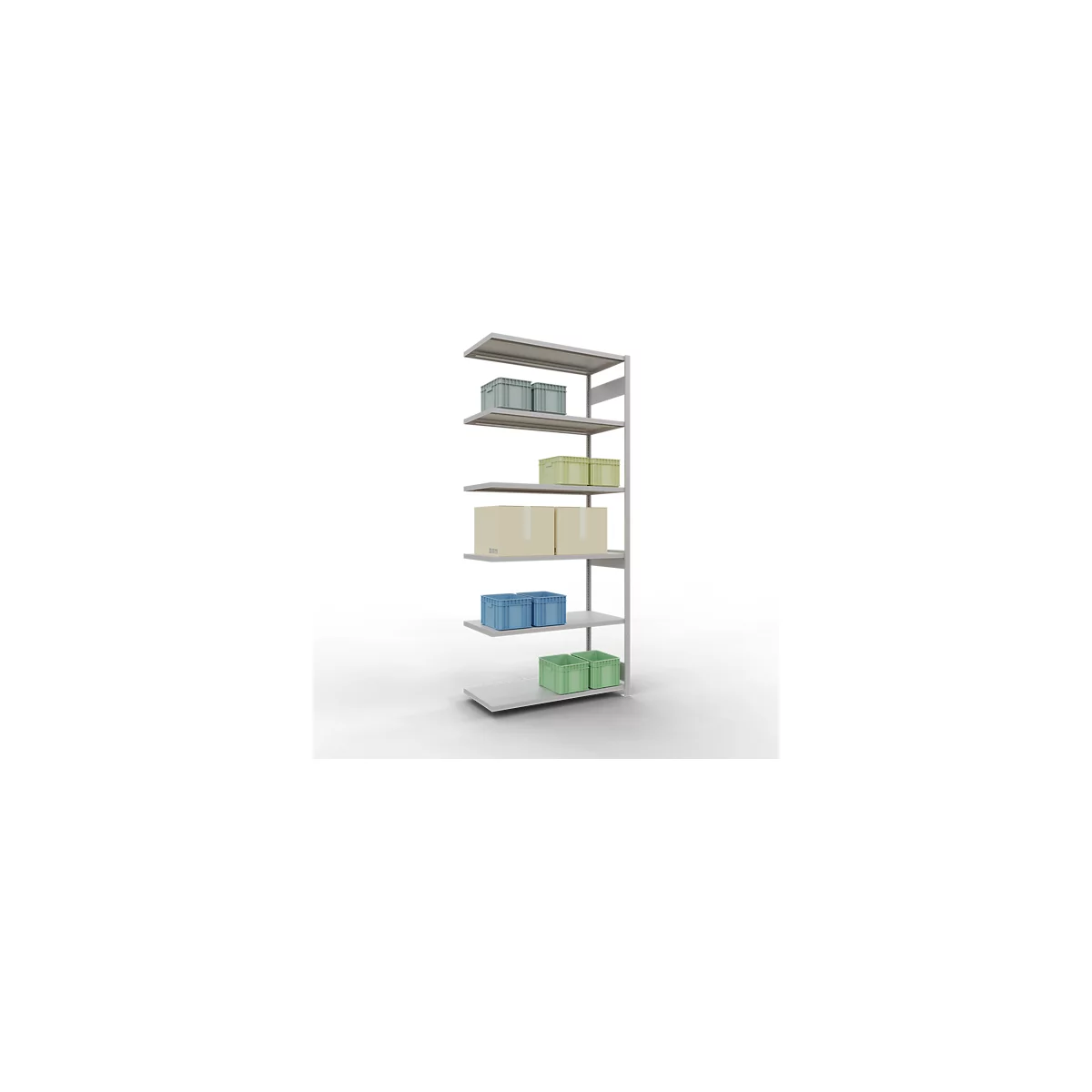 Schulte Lagertechnik Système de rayonnage à tablettes emboîtable MULTIplus 250, rayonnage annexe, verrou de longueur, 3000x1300x600 mm, 7 tablettes, gris clair