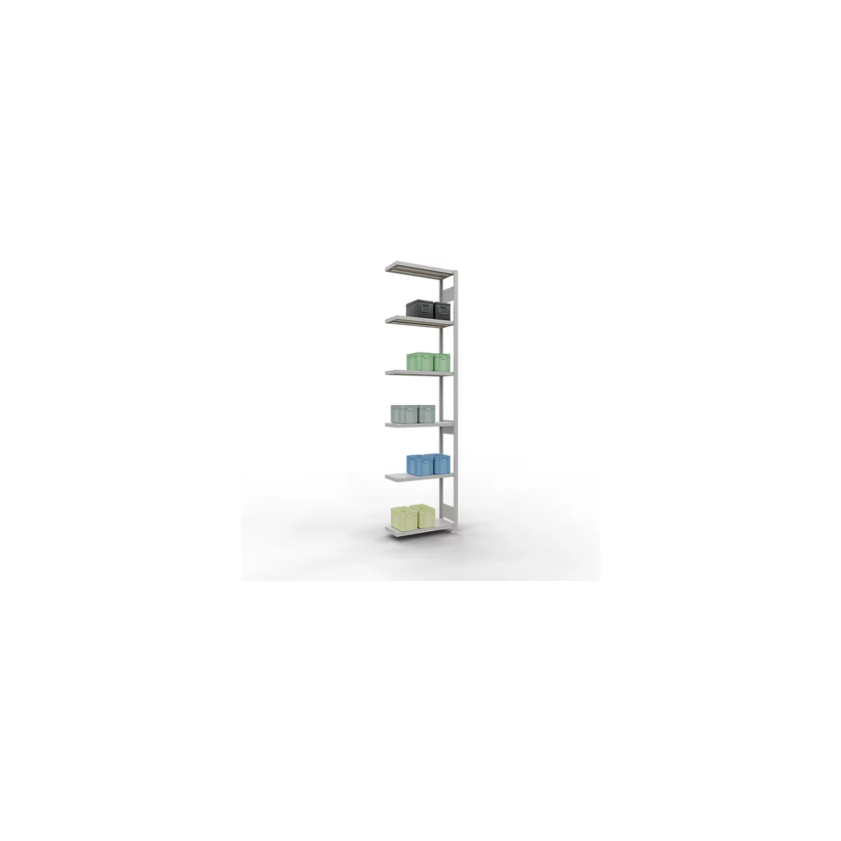 Schulte Lagertechnik Système de rayonnage à tablettes emboîtable MULTIplus 250, rayonnage annexe, verrou de longueur, 3000x750x300 mm, 7 tablettes, gris clair