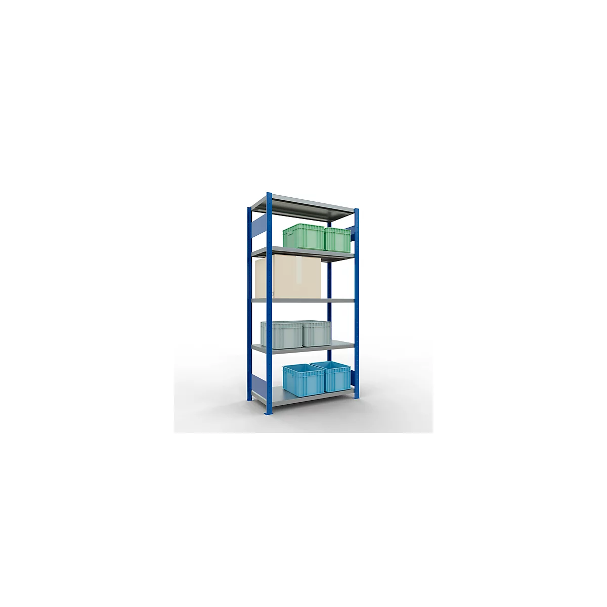 Schulte Lagertechnik Système de rayonnage à tablettes emboîtables MULTIplus 250, rayonnage de base, verrou de longueur, 2000x1000x500 mm, 5 tablettes, bleu gentiane/galvanisé