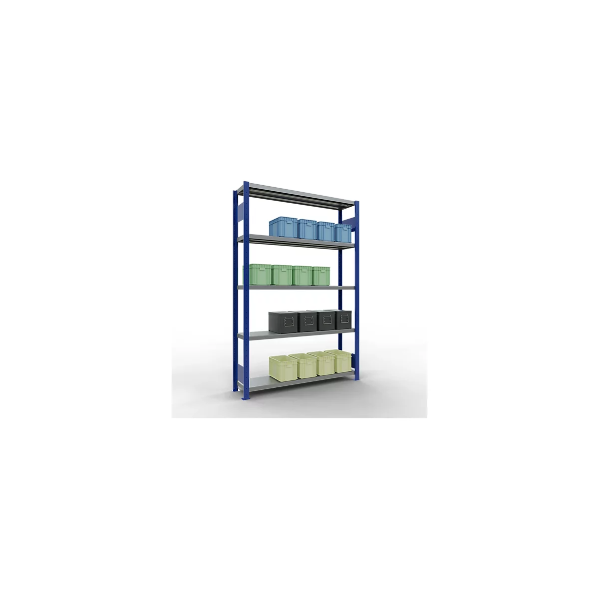 Schulte Lagertechnik Système de rayonnage à tablettes emboîtables MULTIplus 250, rayonnage de base, verrou de longueur, 2000x1300x300 mm, 5 tablettes, bleu gentiane/galvanisé