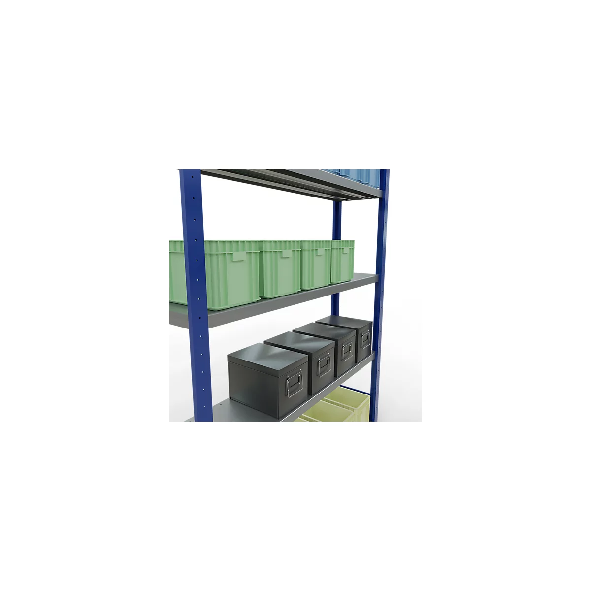Schulte Lagertechnik Système de rayonnage à tablettes emboîtables MULTIplus 250, rayonnage de base, verrou de longueur, 2000x1300x300 mm, 5 tablettes, bleu gentiane/galvanisé