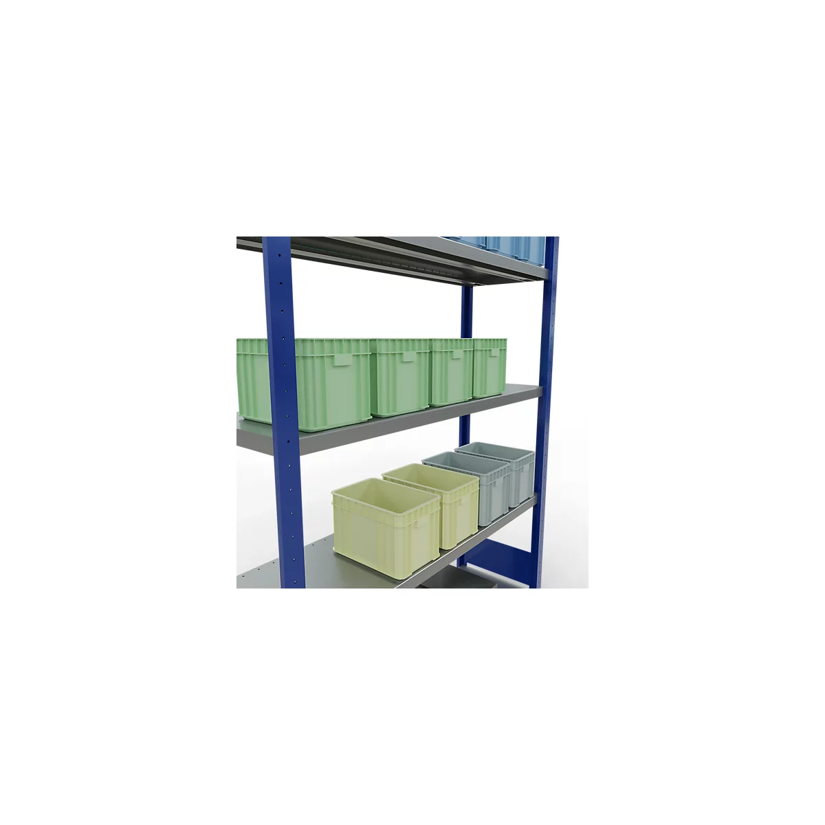 Schulte Lagertechnik Système de rayonnage à tablettes emboîtables MULTIplus 250, rayonnage de base, verrou de longueur, 2000x1300x400 mm, 5 tablettes, bleu gentiane/galvanisé
