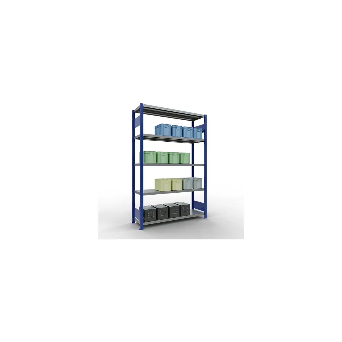 Schulte Lagertechnik Système de rayonnage à tablettes emboîtables MULTIplus 250, rayonnage de base, verrou de longueur, 2000x1300x400 mm, 5 tablettes, bleu gentiane/galvanisé