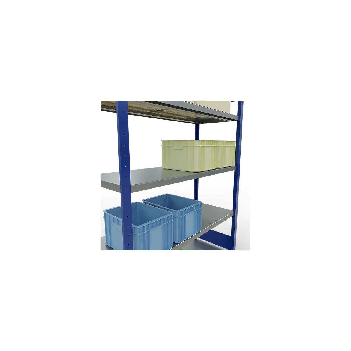Schulte Lagertechnik Système de rayonnage à tablettes emboîtables MULTIplus 250, rayonnage de base, verrou de longueur, 2000x1300x500 mm, 5 tablettes, bleu gentiane/galvanisé