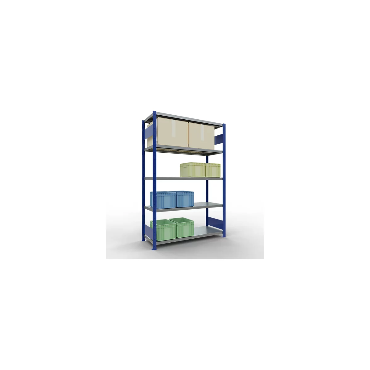 Schulte Lagertechnik Système de rayonnage à tablettes emboîtables MULTIplus 250, rayonnage de base, verrou de longueur, 2000x1300x500 mm, 5 tablettes, bleu gentiane/galvanisé