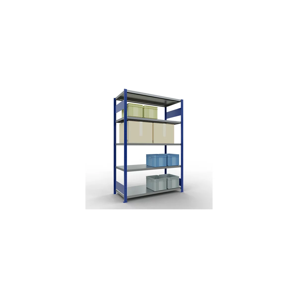 Schulte Lagertechnik Système de rayonnage à tablettes emboîtables MULTIplus 250, rayonnage de base, verrou de longueur, 2000x1300x600 mm, 5 tablettes, bleu gentiane/galvanisé