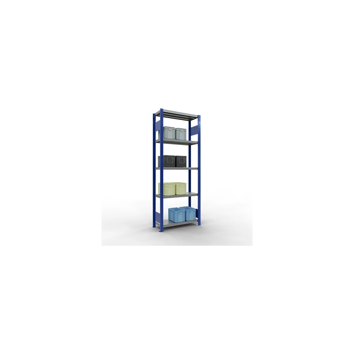 Schulte Lagertechnik Système de rayonnage à tablettes emboîtables MULTIplus 250, rayonnage de base, verrou de longueur, 2000x750x300 mm, 5 tablettes, bleu gentiane/galvanisé