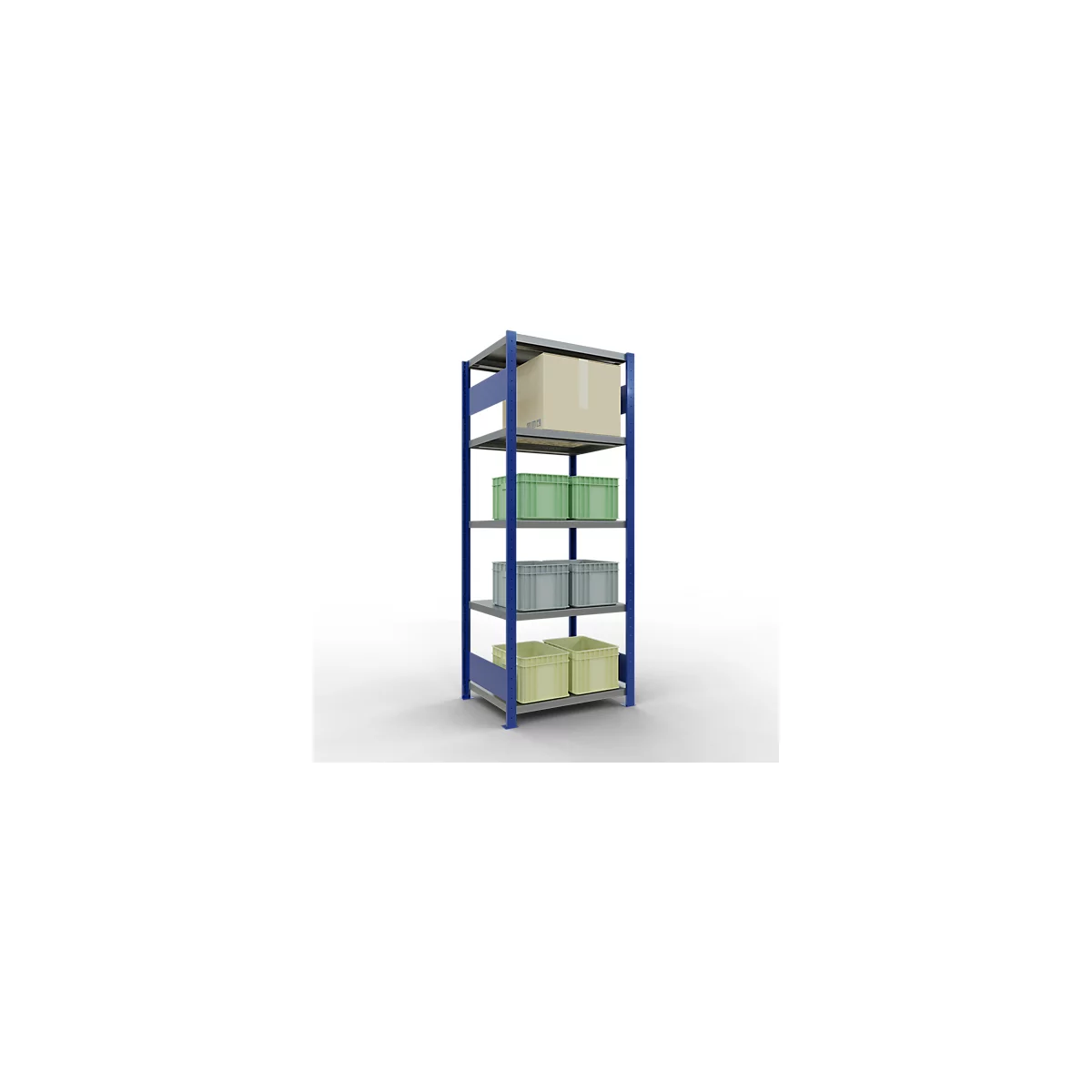 Schulte Lagertechnik Système de rayonnage à tablettes emboîtables MULTIplus 250, rayonnage de base, verrou de longueur, 2000x750x600 mm, 5 tablettes, bleu gentiane/galvanisé