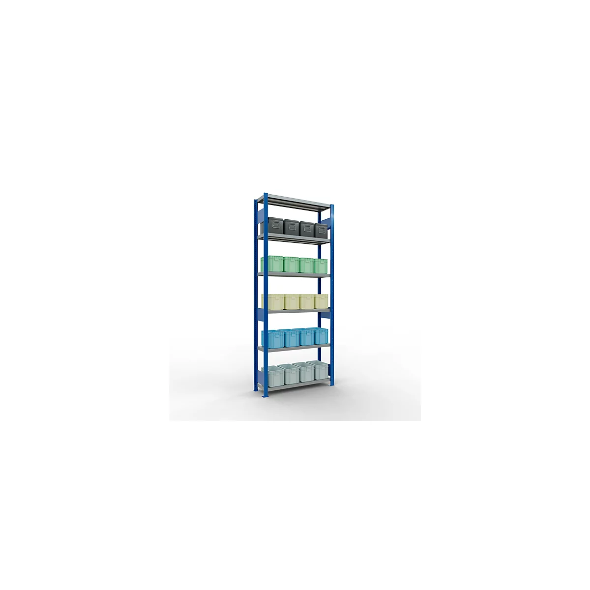 Schulte Lagertechnik Système de rayonnage à tablettes emboîtables MULTIplus 250, rayonnage de base, verrou de longueur, 2500x1000x300 mm, 6 tablettes, bleu gentiane/galvanisé
