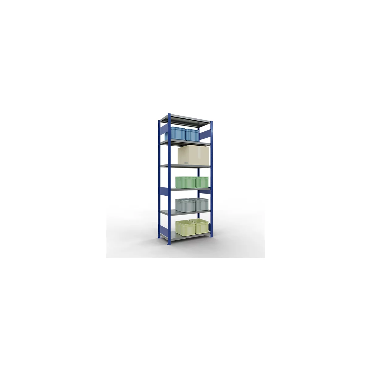 Schulte Lagertechnik Système de rayonnage à tablettes emboîtables MULTIplus 250, rayonnage de base, verrou de longueur, 2500x1000x500 mm, 6 tablettes, bleu gentiane/galvanisé
