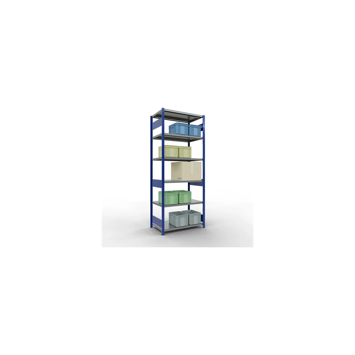 Schulte Lagertechnik Système de rayonnage à tablettes emboîtables MULTIplus 250, rayonnage de base, verrou de longueur, 2500x1000x600 mm, 6 tablettes, bleu gentiane/galvanisé