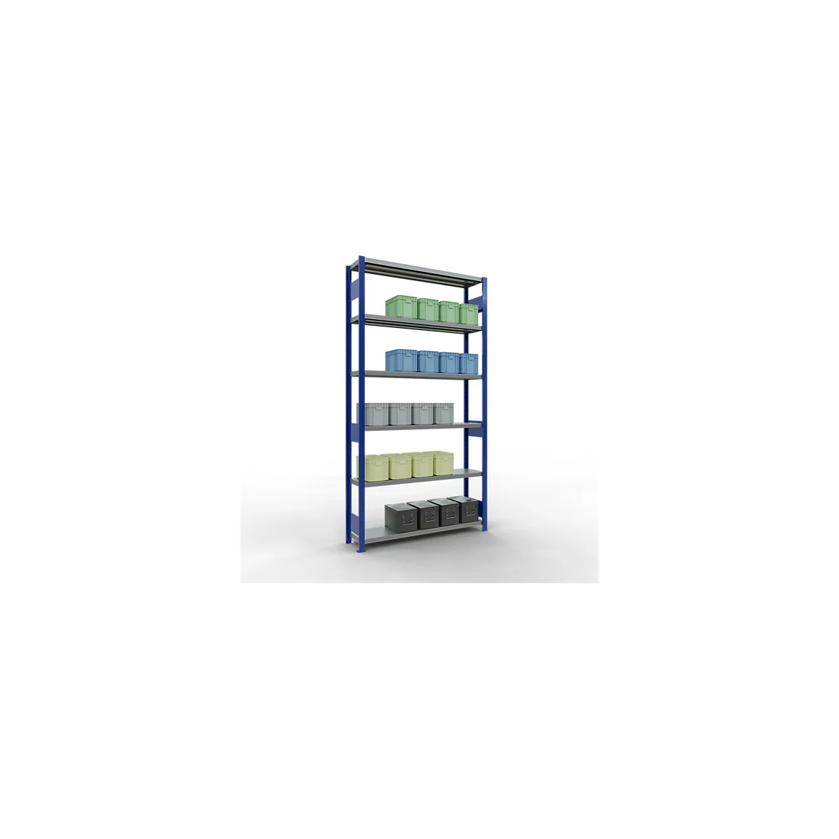 Schulte Lagertechnik Système de rayonnage à tablettes emboîtables MULTIplus 250, rayonnage de base, verrou de longueur, 2500x1300x300 mm, 6 tablettes, bleu gentiane/galvanisé